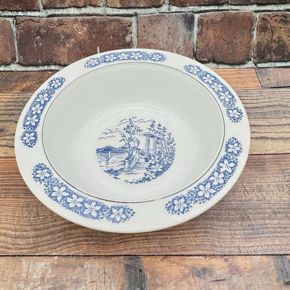 Anchor Hocking Vitrock Serving  Bowl Depression Milk Glass Lake Como Blue Floral